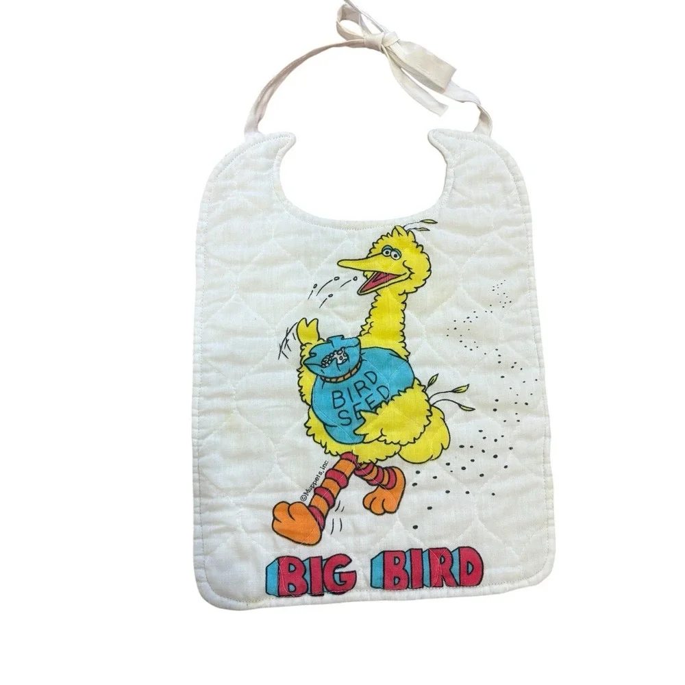 Vtg Muppets Baby Bibs Set Of 2 Bert Ernie Big Bird Sesame Street Cotton Neck Tie